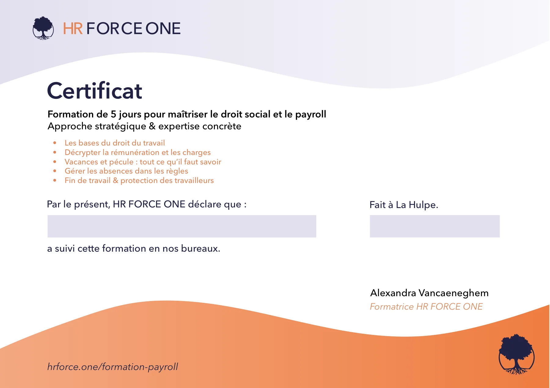 Certificat HR Force One reprenant la palette graphique
